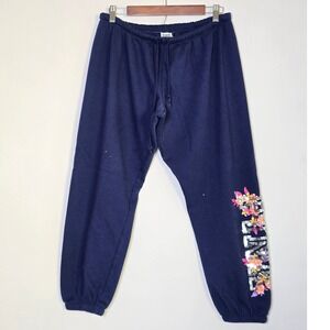 PINK Victoria's Secret Women's Jogger Sweatpants Size L Navy Blue Sequin Floral